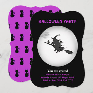Invitation sorcière volante et chat noir Halloween