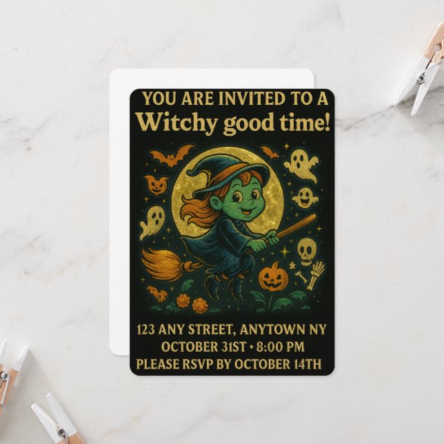 Invitation Sorcière volante Glittery Halloween Party (Devant/Arrière en situation)
