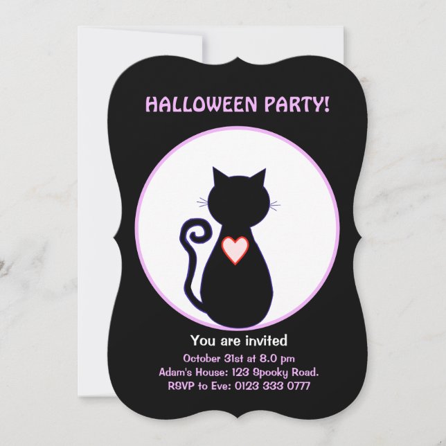 Invitation sorcière volante Halloween et chat noir (Devant)