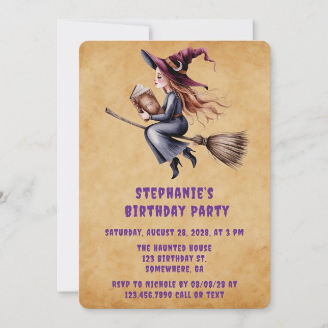 Invitation Sorcière Whimsical Flying Broom Girl Birthday Part (Devant)
