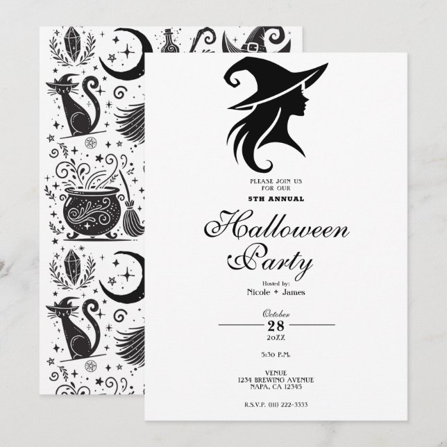 Invitation Sorcière Wiccanne Chapeau Noir Fête d'Halloween (Devant / Derrière)
