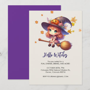 Invitation Sorcierère adorable volant avec un balai, Hallowee