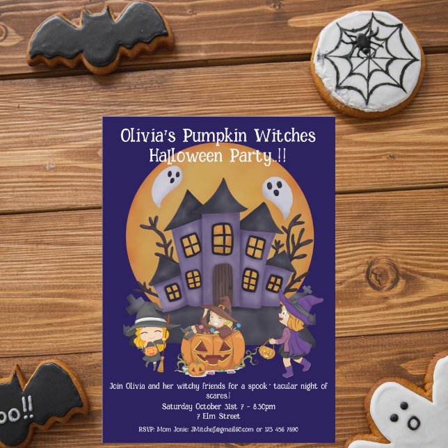 Invitation Sorcières Citrouilles pour enfants fête d'Hallowee (Pumpkin Witches Halloween Party Invite)