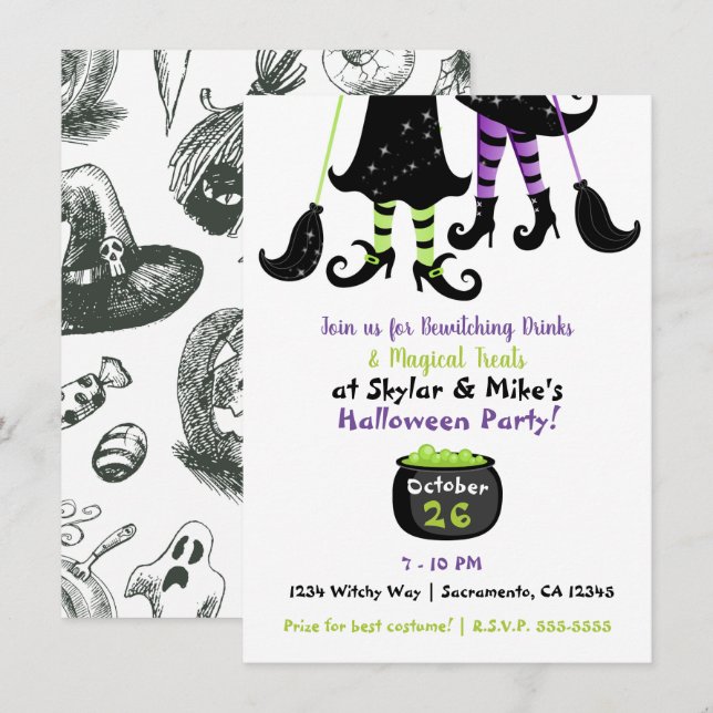 Invitation Sorcières Fantaisistes Fête de sorcières moderne d (Devant / Derrière)