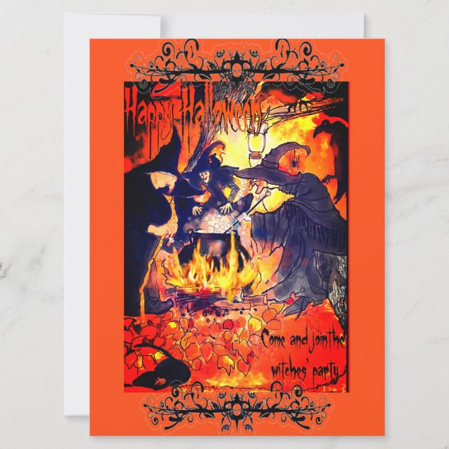 Invitation Sorcières Fête d'Halloween Art Chaudron Vautours (Devant)