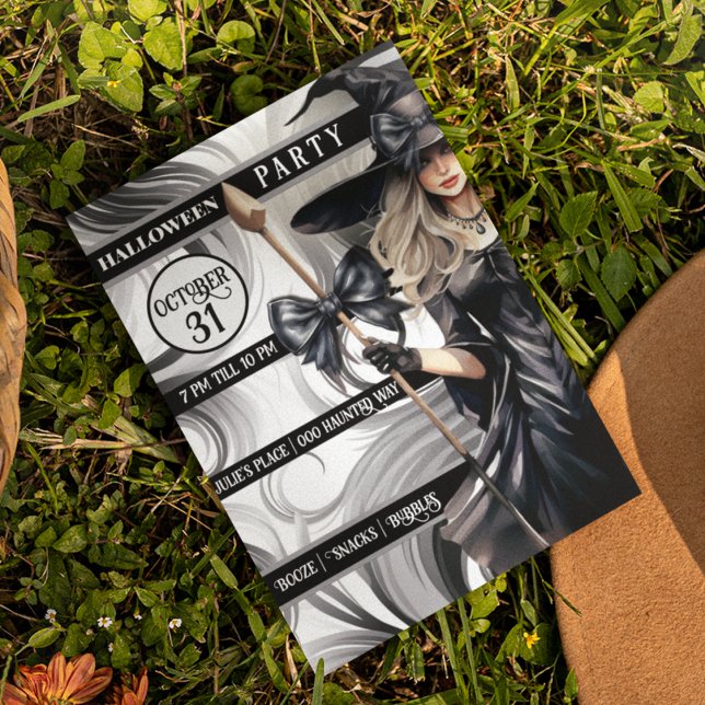 Invitation Sorcières fête d'Halloween avec Arrière - plan tor (Witch Halloween customizable party invitation with black and white swirled background. )