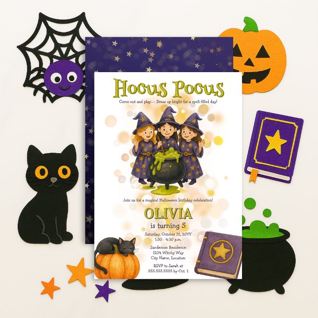 Invitation Sorcières lunaires Hocus Pocus Halloween Anniversa (Whimsical witches hocus pocus Halloween birthday party invitation front and back view)