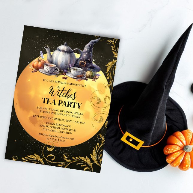 Invitation Sorcières Tea Party (Invite you witch friends for a witches tea party with this witching hour gold moon invitation.)