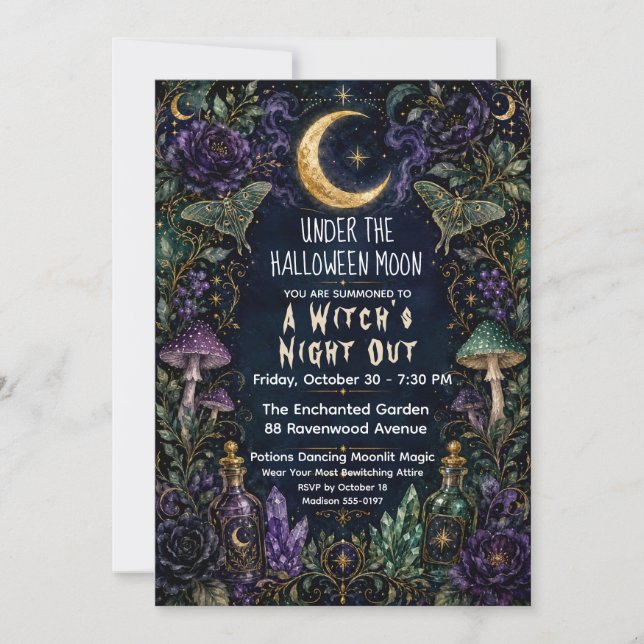 Invitation Sortie nocturne des sorcières, lune d'Halloween, f (Devant)