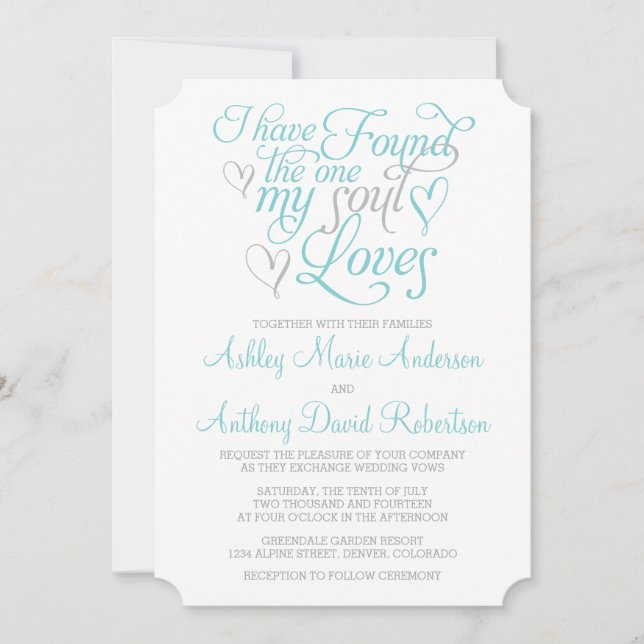 Invitation Soul gris turquoise aime Mariage de coeur (Devant)