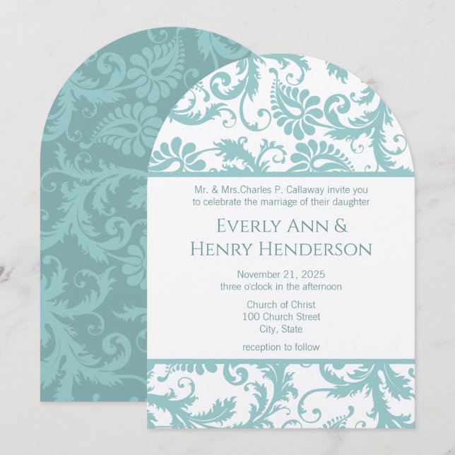Invitation Soumis Mars 8 Aqua Blue Victorian Damask (Devant / Derrière)