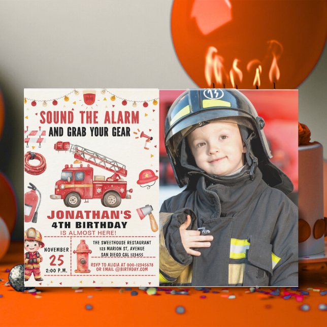 Invitation Sound the Alarm! Firefighter Birthday Boy Photo (Créateur téléchargé)