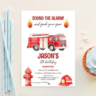 Invitation Sound The Alarm Firetruck Boys 4th Birthday