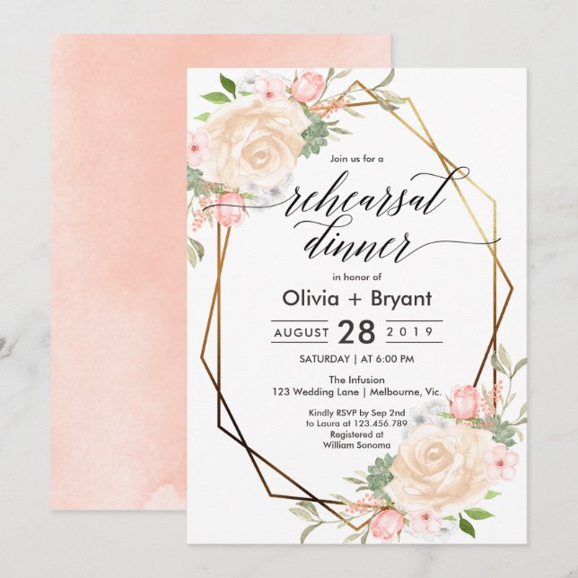 Invitation Souper de répétition de cadre géométrique à l'or f (Devant / Derrière)