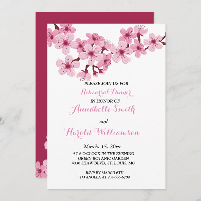 Invitation Souper de répétition Fleur de Cerisier Rose Blanc (Devant / Derrière)