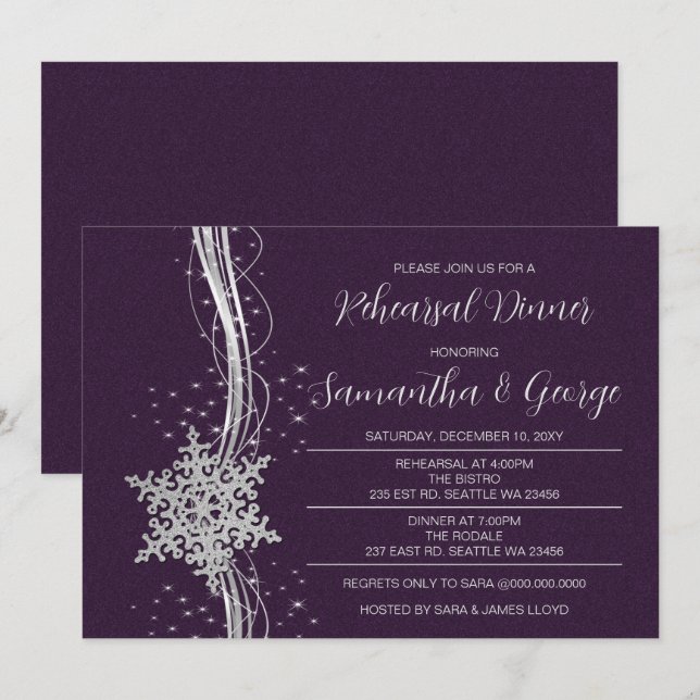 Invitation Souper de répétition hivernale Silver Purple Snowf (Devant / Derrière)
