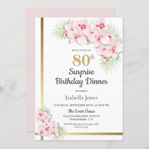Invitation Souper Floral rose et or Surprise 80e anniversaire