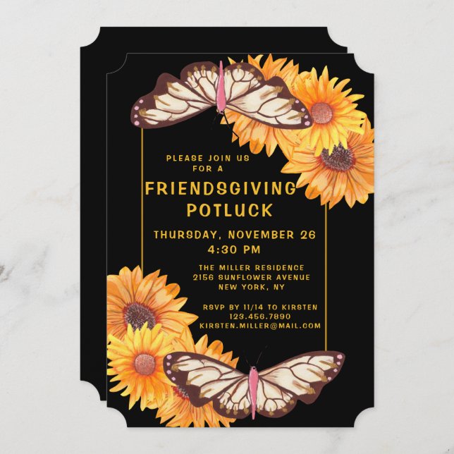 Invitation Souper Friendsgiving Potluck Tournesol Papillon (Devant / Derrière)
