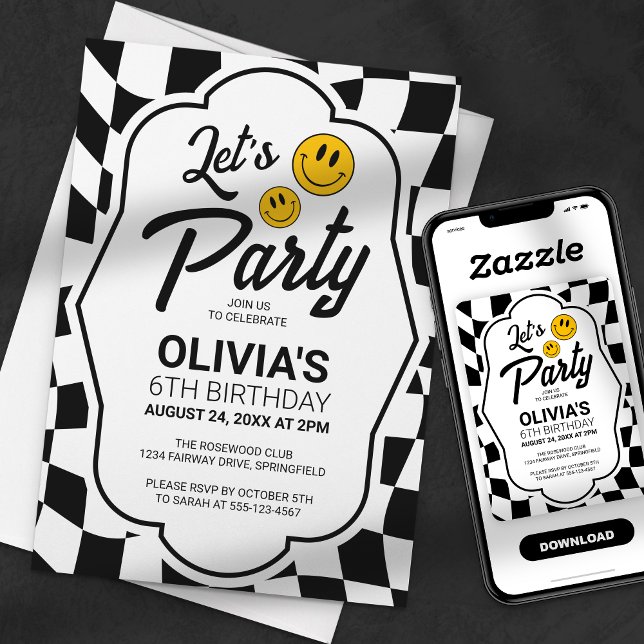 Invitation Sourire Visage Rétro Damier Anniversaire Faisons l (Créateur téléchargé)