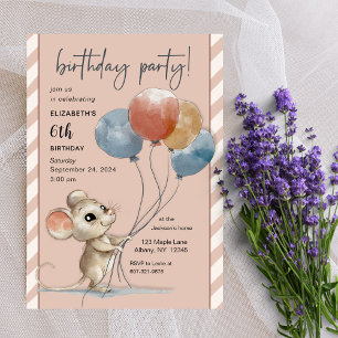 Invitation Souris à l'aquarelle mignonne avec ballons Anniver