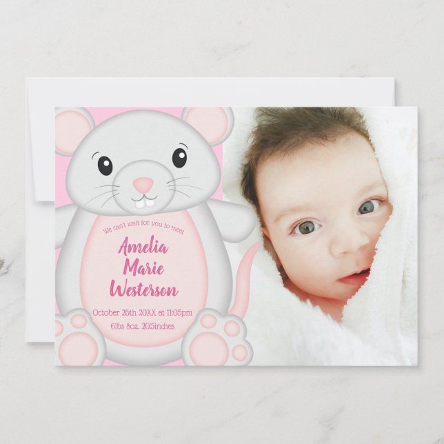 Invitation Souris Baby shower rose (Devant)