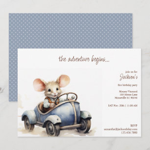 Invitation Souris d'aquarelle mignonne dans Blue Kid's Birthd