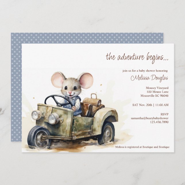 Invitation Souris d'aquarelle mignonne en Baby shower de voit (Devant / Derrière)