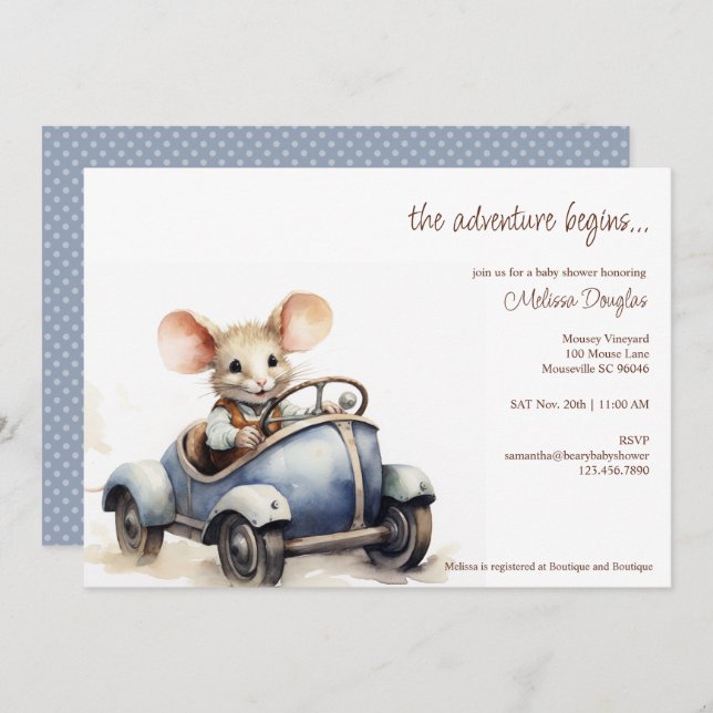 Invitation Souris d'aquarelle mignonne en Baby shower voiture (Devant / Derrière)