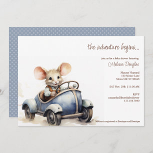 Invitation Souris d'aquarelle mignonne en Baby shower voiture