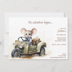 Invitation Souris d'aquarelle mignonne en voiture verte Anniv