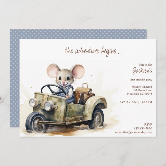 Invitation Souris d'aquarelle mignonne en voiture verte Anniv (Devant / Derrière)