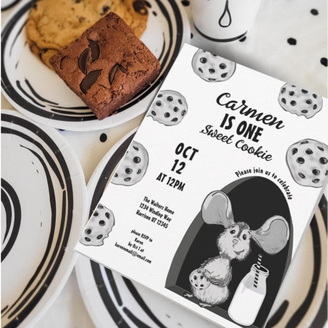 Invitation Souris Lait et Cookies Douce Premier Anniversaire (Créateur téléchargé)