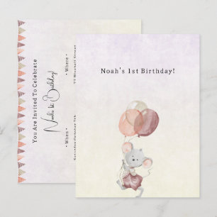 Invitation Souris Mignonne avec Ballons Roses