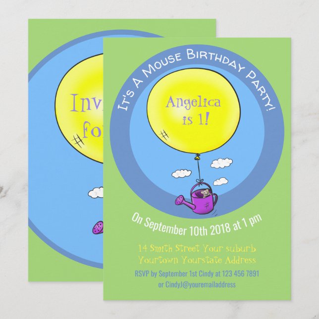 Invitation Souris mignonne dans un arrosoir avec un ballon de (Devant / Derrière)