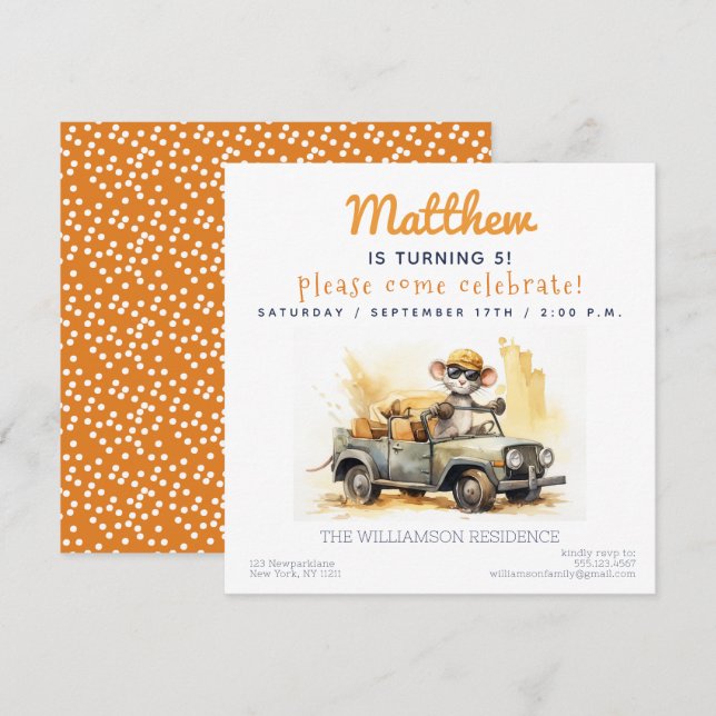Invitation Souris mignonne dans une voiture Anniversaire de e (Devant / Derrière)