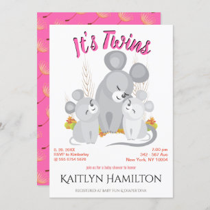 Invitation Souris Twins Fille Mère Baby shower Woodland Mouse