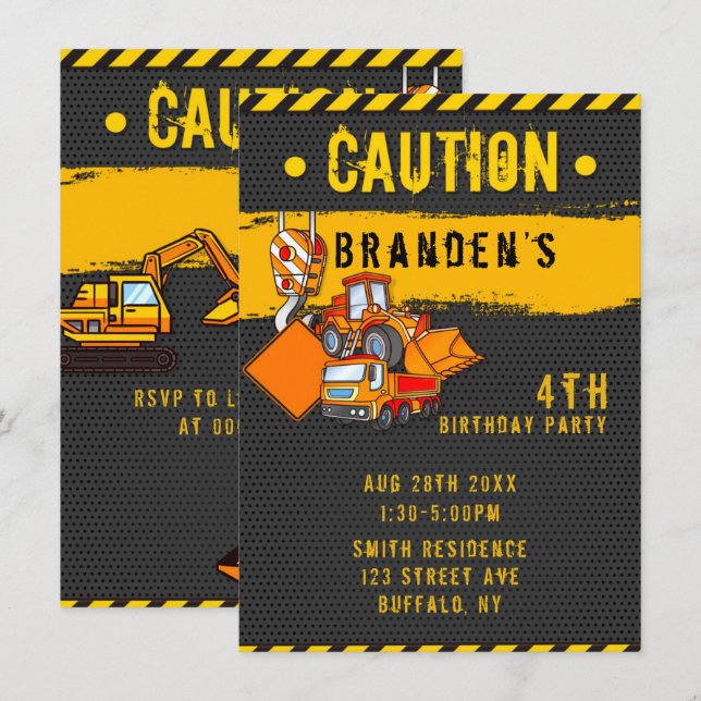 Invitation Sous construction Camions de prudence Anniversaire (Devant / Derrière)