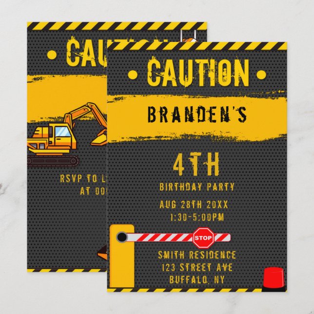 Invitation Sous construction Camions de prudence Anniversaire (Devant / Derrière)