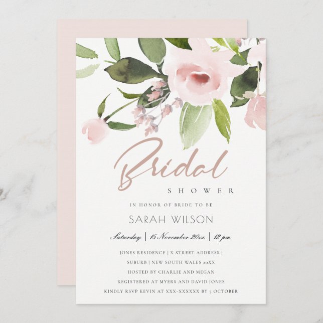 INVITATION SOUS-COULEUR LAVÉ ROSE BLANC FÊTE DES MARIÉES FLOR (Devant / Derrière)