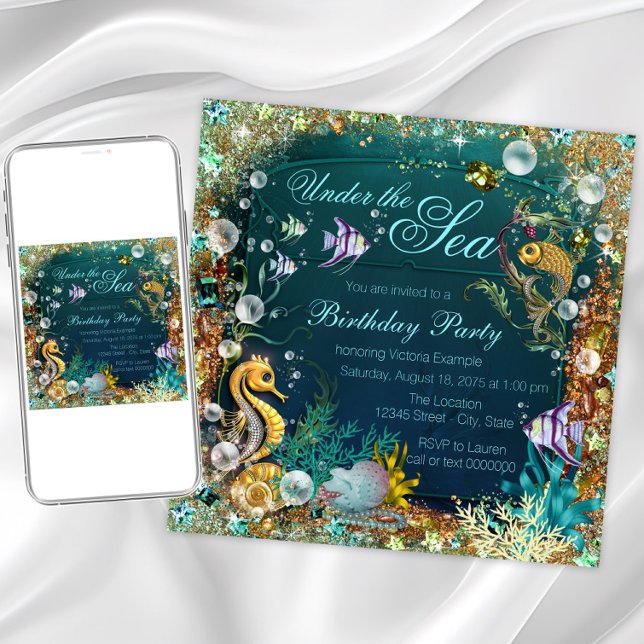 Invitation Sous la fête d'anniversaire de la mer (Beautiful teal blue and gold under the sea any event invitation. Simply add your details. )