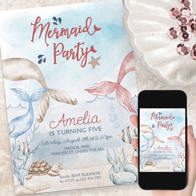 Invitation Sous la Fête des sirènes de mer Aquarelle Annivers (Créateur téléchargé)