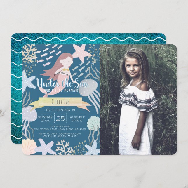 Invitation Sous la marine de la Sirène Photo Anniversaire (Devant / Derrière)