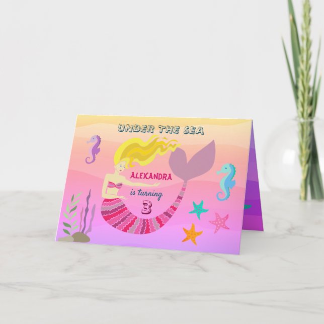 Invitation Sous la mer 3e anniversaire Pink Purple Sirène (Devant)