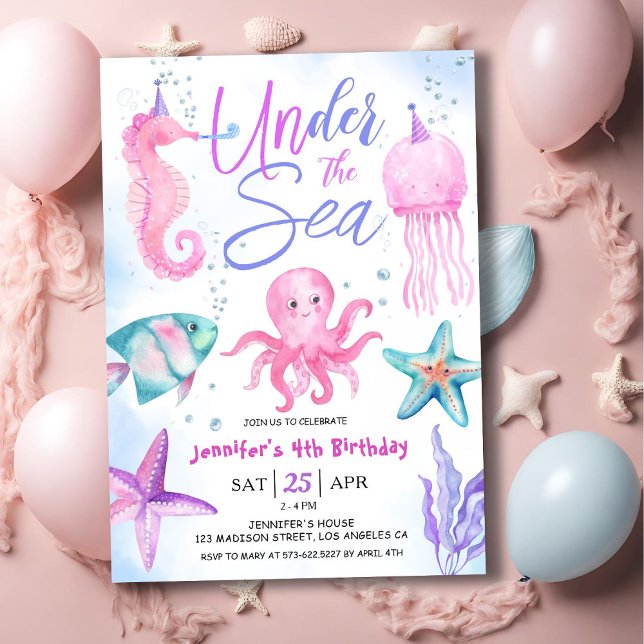 Invitation Sous La Mer ! 4e anniversaire fille rose océan (Créateur téléchargé)