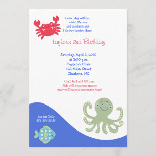 Invitation Sous la mer 5x7 Calypso Crabe d'anniversaire