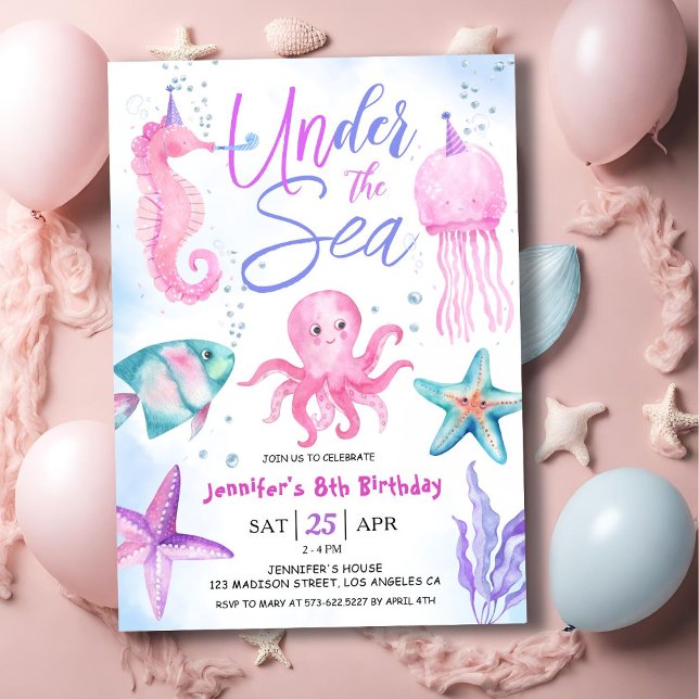 Invitation Sous La Mer ! 8e anniversaire fille rose océan (Créateur téléchargé)