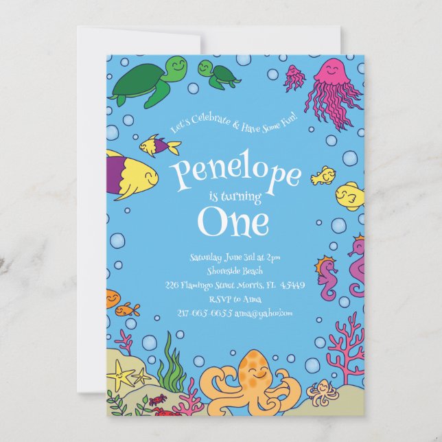 Invitation Sous la mer Animaux mignons 1er anniversaire (Devant)