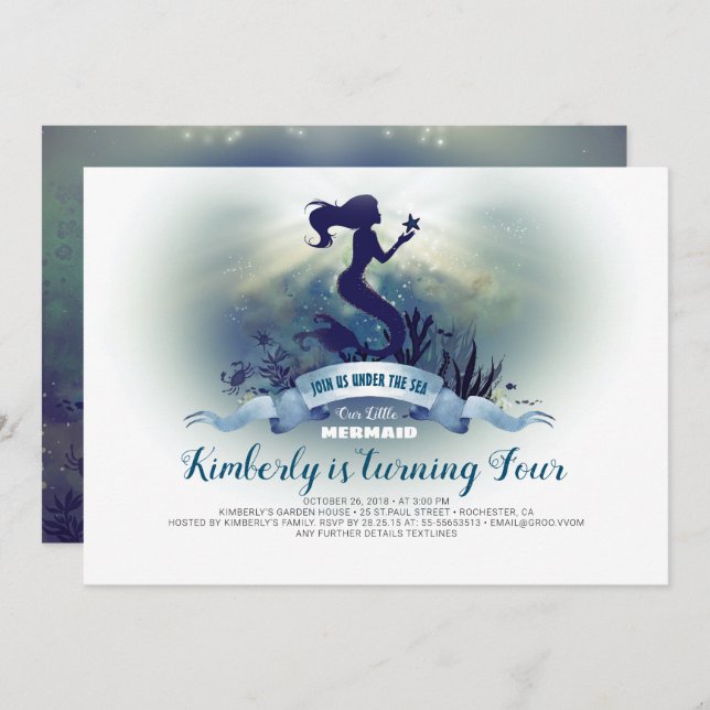 Invitation Sous la mer - Anniversaire de la Sirène et de la S (Devant / Derrière)
