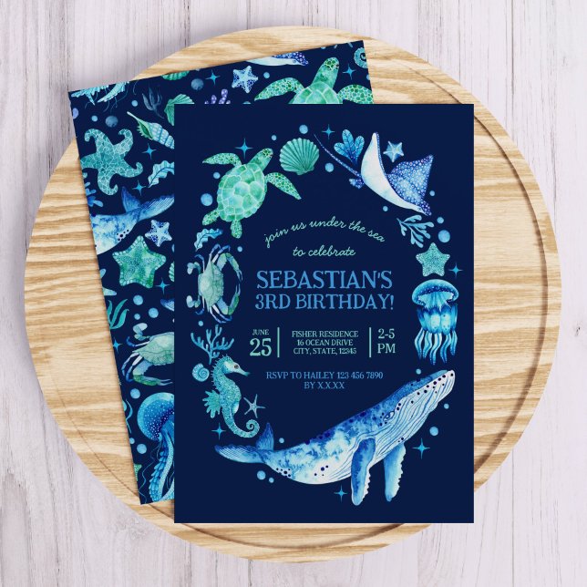 Invitation Sous la mer avec baleines, méduses, Chevaux de mer (Elegant sea life watercolor illustrations on a deep blue background create an elegant combination! )