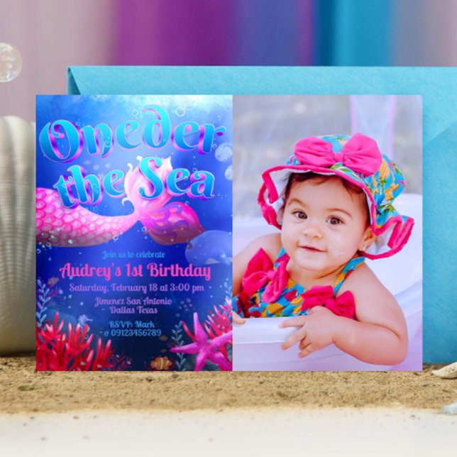 Invitation Sous la mer avec paysage photo (Oneder the Sea - Girl Mermaid 1st Birthday Landscape Invitation with Picture)
